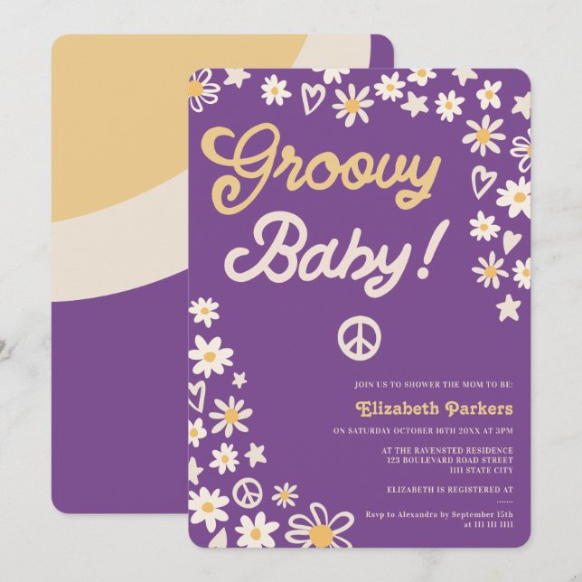 Groovy retro purple boho baby shower invitation (Front/Back)