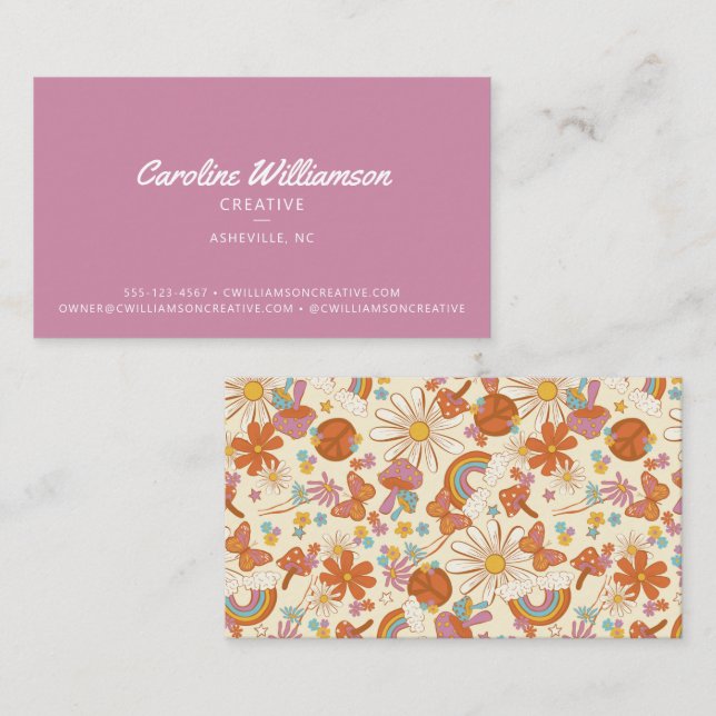 Groovy Retro Purple Peace Flowers Trendy Business Card (Front/Back)
