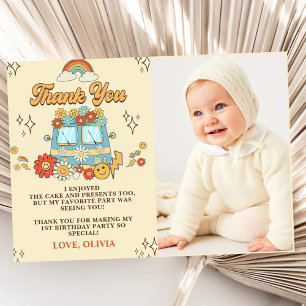 Groovy Retro Rainbow 1st Birthday Party Photo Thank You Card