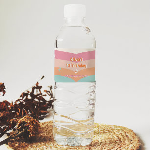 Groovy Retro Rainbow Birthday Party Water Bottle Label