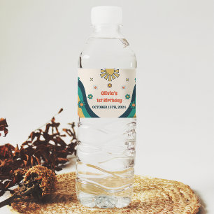 Groovy Retro Rainbow Birthday Party Water Bottle Label