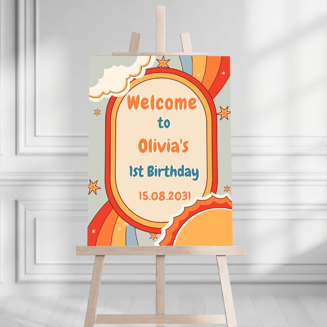 Groovy Retro Rainbow Birthday Party Welcome Sign (Creator Uploaded)