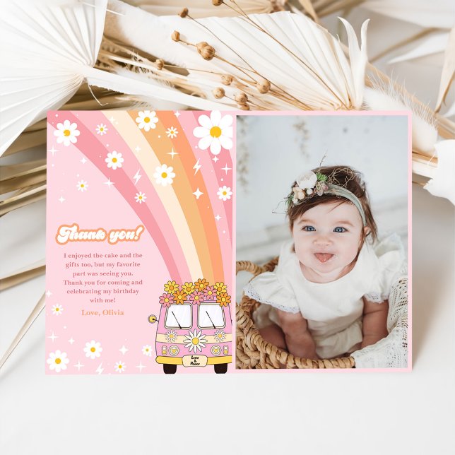 Groovy Retro Rainbow Birthday Photo Thank You Card (Creator Uploaded)