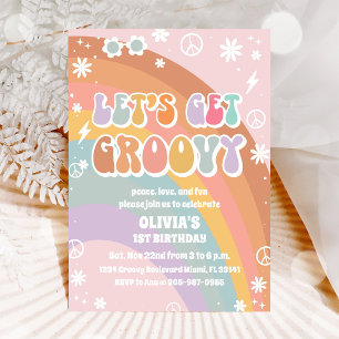 Groovy Retro Rainbow Daisy Birthday Invitation
