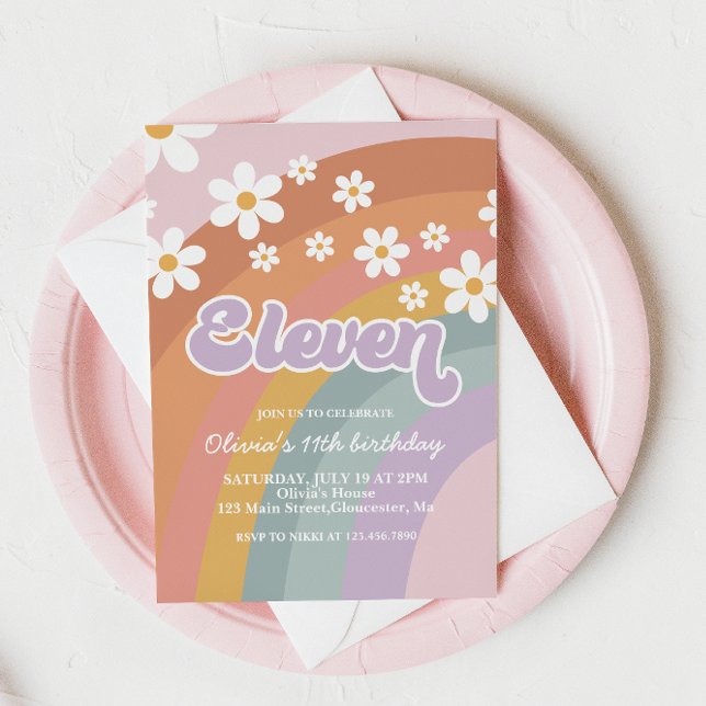 Groovy Retro Rainbow Eleventh Birthday Invitation (Creator Uploaded)