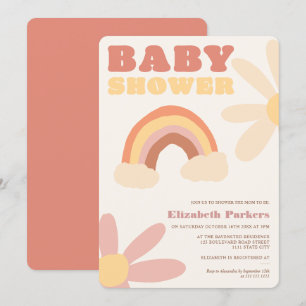 Groovy retro rainbow flowers boho baby shower invitation