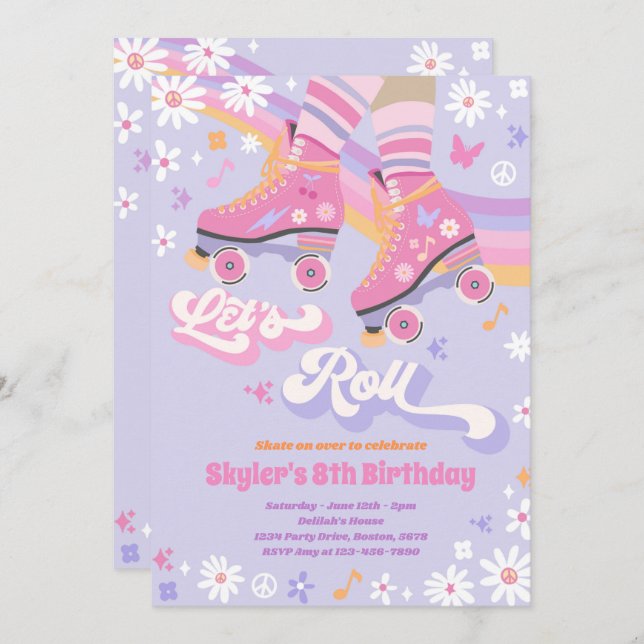 Groovy Retro Rainbow Roller Skating Birthday Party Invitation (Front/Back)