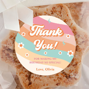 Groovy Retro Rainbow Thank You Birthday Party  Classic Round Sticker