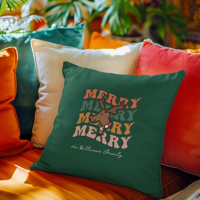 Groovy Retro Reindeer | Monogram Merry Christmas  Cushion (Creator Uploaded)