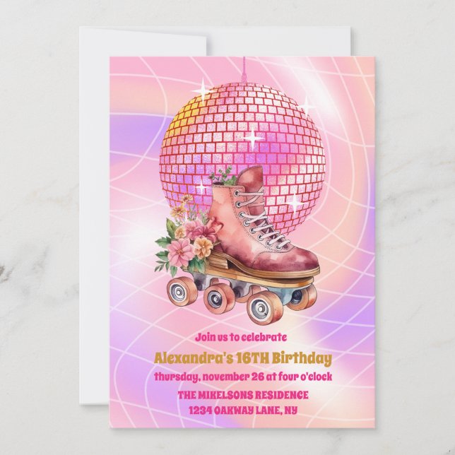 Groovy Retro Roller Skating Sweet 16 Birthday Invitation (Front)