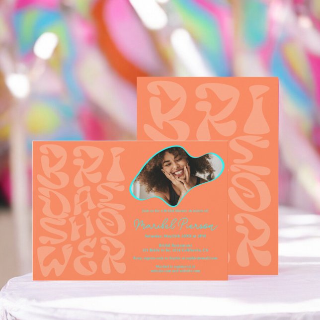 Groovy retro Script chic coral Photo bridal shower Invitation (Groovy retro Script chic coral Photo bridal shower Invitation)