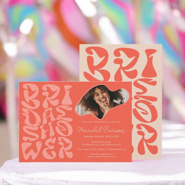 Groovy retro Script peach Photo bridal shower Invitation (Groovy retro Script peach Photo bridal shower Invitation)