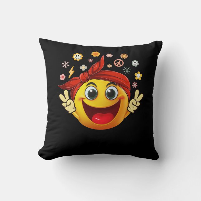 Groovy Retro Smile Emoticon Say Hi Happy Face Peac Cushion (Front)