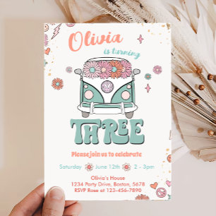 Groovy Retro Smile Flowers 3rd Birthday Invitation
