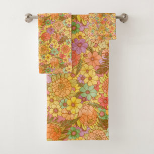 Groovy Retro Summertime Protea And Daisy Pattern Bath Towel Set