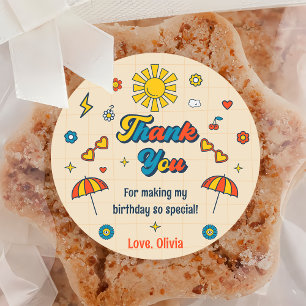 Groovy Retro Thank You Birthday Party Classic Round Sticker