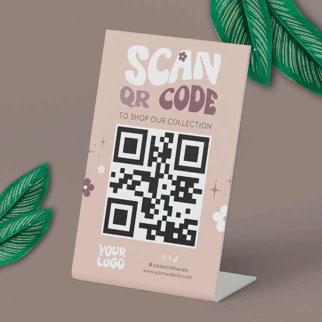Groovy Retro Trendy Social Media Website QR Code Pedestal Sign (Modern groovy QR code sign - can be used for any type of scannable code: payment, website, socials)