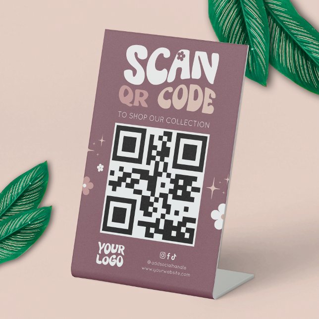 Groovy Retro Trendy Social Media Website QR Code Pedestal Sign (Modern groovy QR code sign - can be used for any type of scannable code: payment, website, socials)