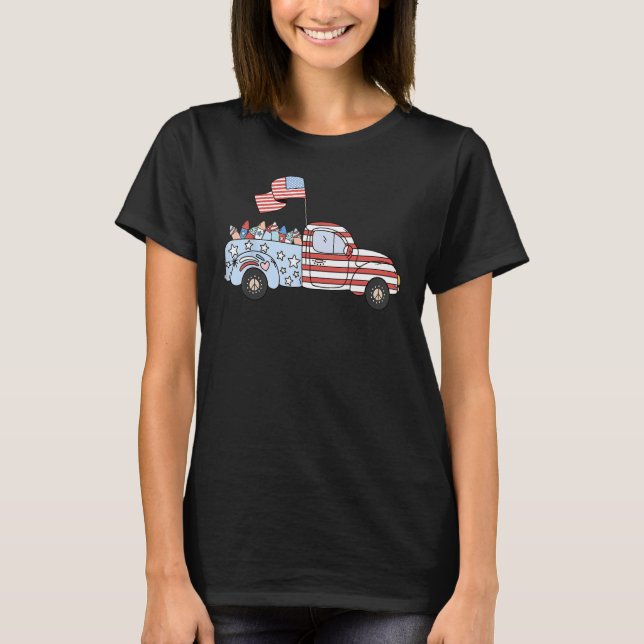 Groovy Retro Truck 4th Of July Fireworks Patriotic T-Shirt (Front)