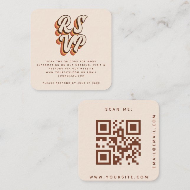 Groovy Retro Typography 70s QR Code Wedding RSVP Enclosure Card (Front/Back)