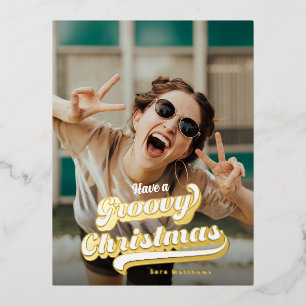 Groovy Retro Typography Christmas Gold Foil Holiday Postcard