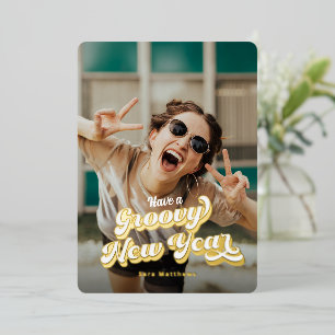Groovy Retro Typography & Gold Foil New Years Holiday Card