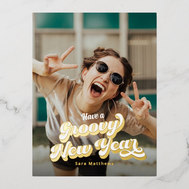 Groovy Retro Typography Happy New Year Foil Holiday Postcard (Front)