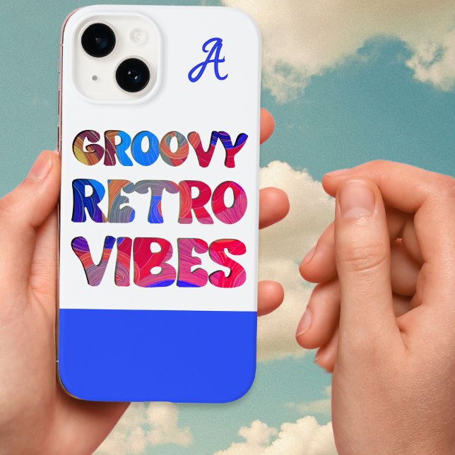 Groovy Retro Vibes Colourful Monogrammed Case-Mate iPhone Case (A monogrammed phone case with 'Groovy retro vibes' caption in multicolored capital letters)