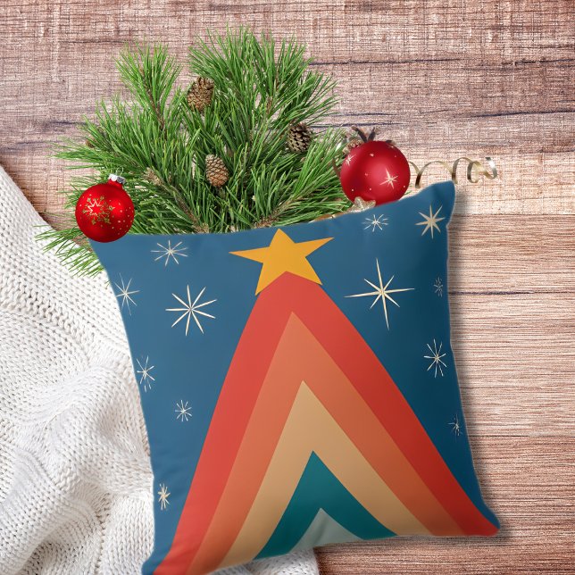 Groovy Retro Vintage Blue Christmas Tree Star Cushion (Creator Uploaded)