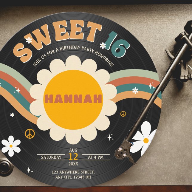 Groovy Retro Vinyl Record Girl's Sweet 16 Birthday Invitation (Creator Uploaded)