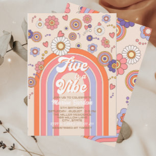 Groovy retro watercolor five is a vibe  baby cel   invitation