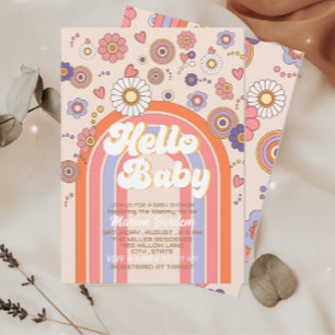 Groovy retro watercolor hello baby shower invitation