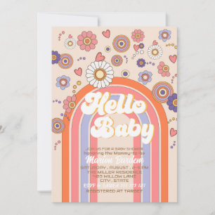 Groovy retro watercolor hello baby shower invitation