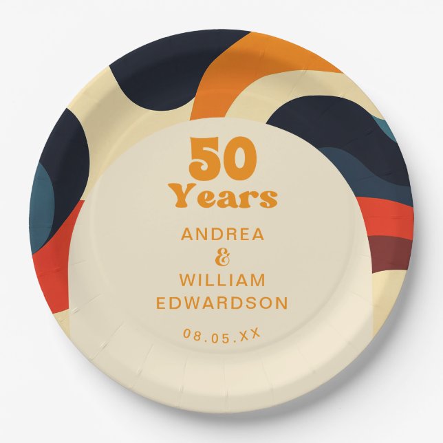 Groovy Retro Wavy Boho 50th Wedding Anniversary Paper Plate (Front)