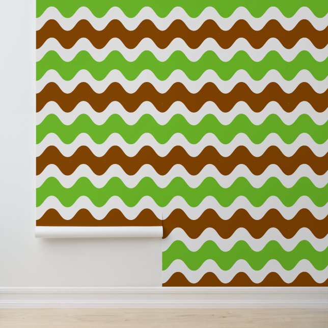 Groovy Ric Rac Stripe - Horizontal Brown & Lime  Wallpaper (Application)