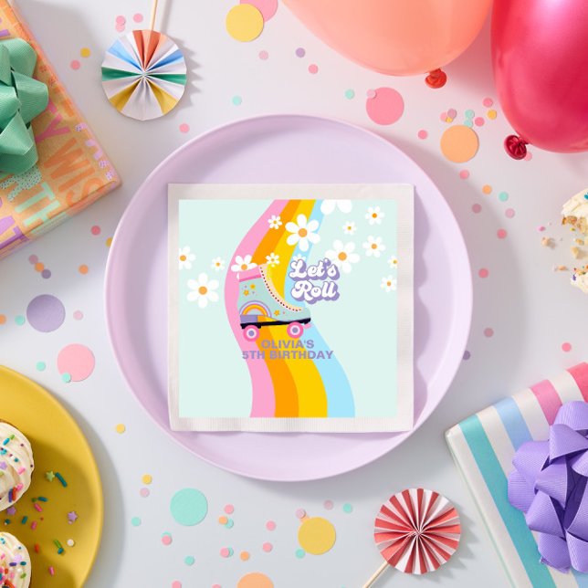 Groovy Rollerskating Retro Rainbow Birthday Napkin (Creator Uploaded)