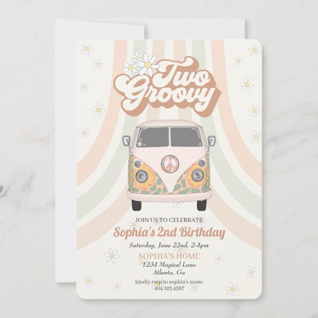 Groovy second birthday, 70s retro theme invitation (Front)