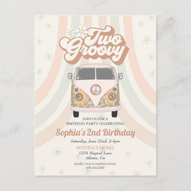 Groovy second birthday, 70s retro theme invitation postcard (Front)