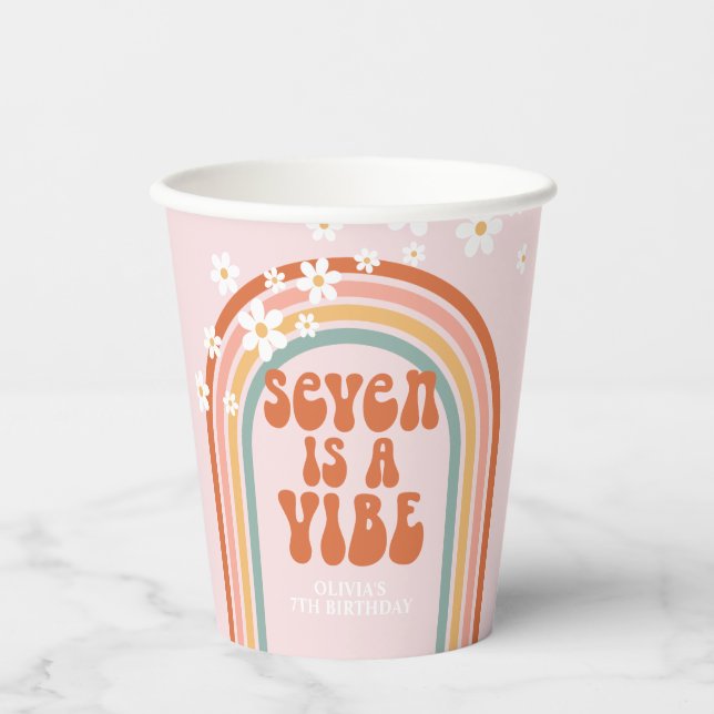 Groovy Seven is a vibe daisy rainbow 7th birthday Paper Cups (Front)