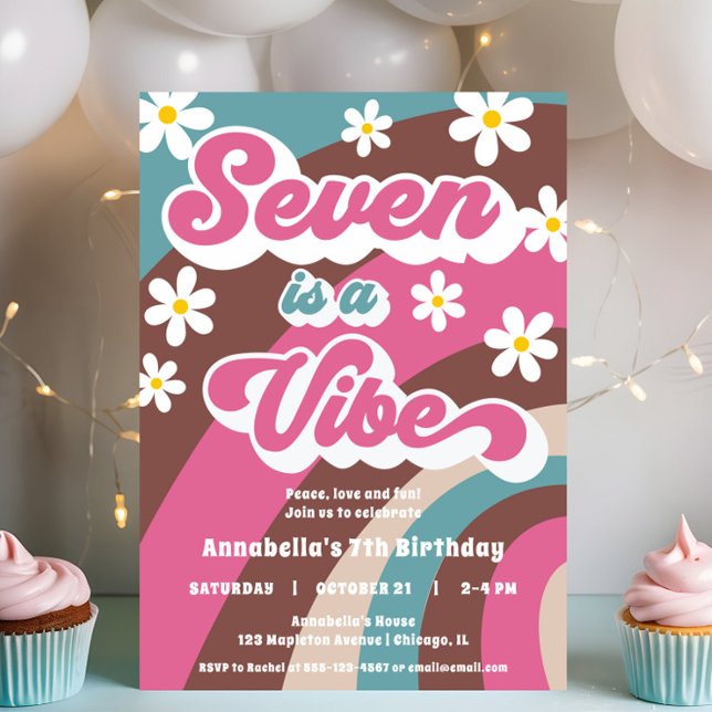 Groovy Seven is a Vibe pink teal girl 7th birthday Invitation (Creator Uploaded)