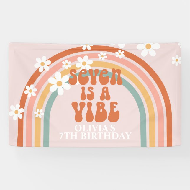 Groovy Seven is a Vibe Rainbow Daisy 7th Birthday Banner (Horizontal)