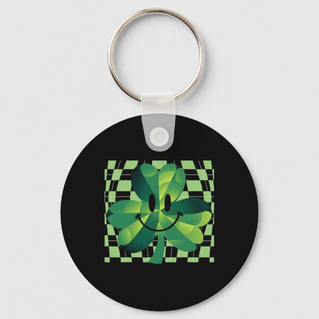 Groovy Shamrock Smile Face St Patricks Day  Key Ring (Front)