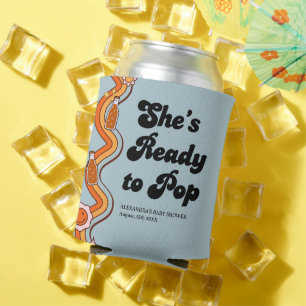 Groovy Shes Ready to Pop Retro Dusty blue Can Cooler