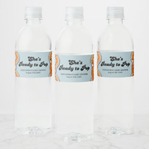 Groovy Shes Ready to Pop Retro Dusty Blue Water Bottle Label