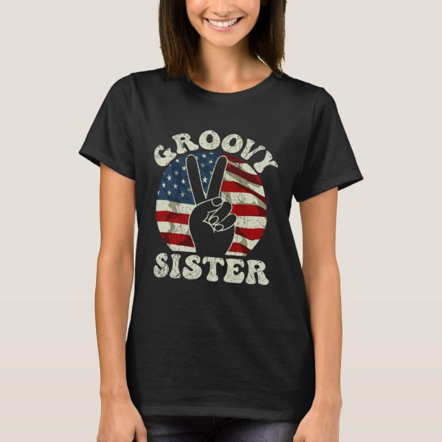 Groovy Sister 70s Aesthetic USA Flag Retro Sister T-Shirt (Front)