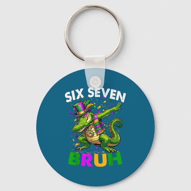 Groovy Six Seven Bruh Alligator Dabbing Mardi Gras Key Ring (Front)