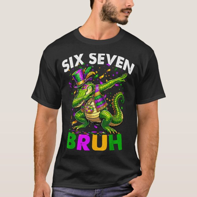 Groovy Six Seven Bruh Alligator Dabbing Mardi Gras T-Shirt (Front)