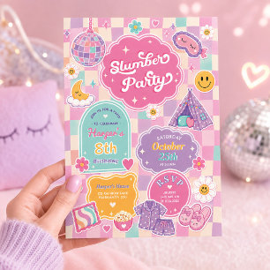 Groovy Slumber Party Chequered Rainbow Birthday Invitation