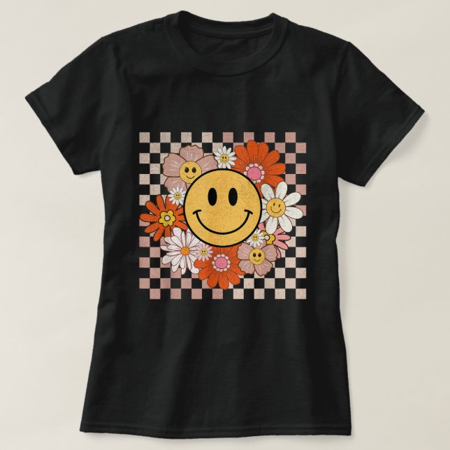Groovy Smile Happy Face Flowers Chequered Hippie T-Shirt (Design Front)