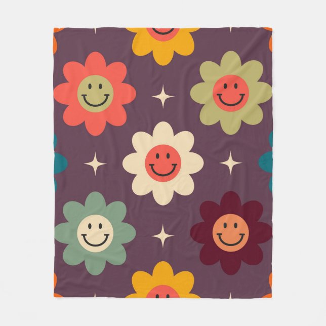Groovy Smiley Flower Pattern | Retro 70s Daisy Flo Fleece Blanket (Front)
